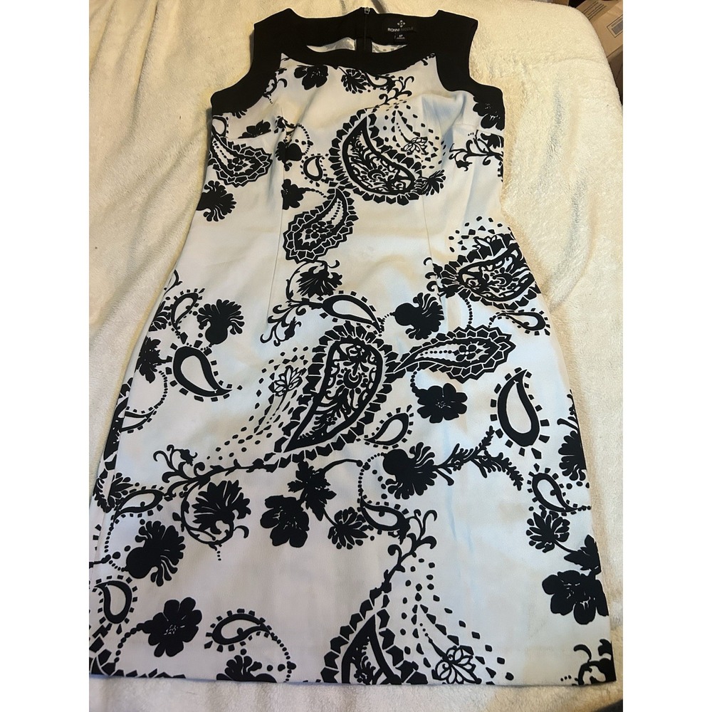 Ronni Nicole Dress Women's 6 Petite Black White Paisley Sleeveless Knee Length